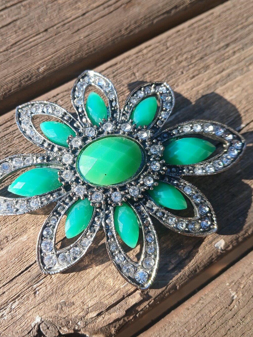 Green Floral Crystal Statement Brooch - .